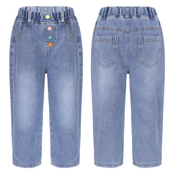 jeans autumn trousers baby girls casual button loose children kids spring clothes novelty denim pants with pocket, Blue